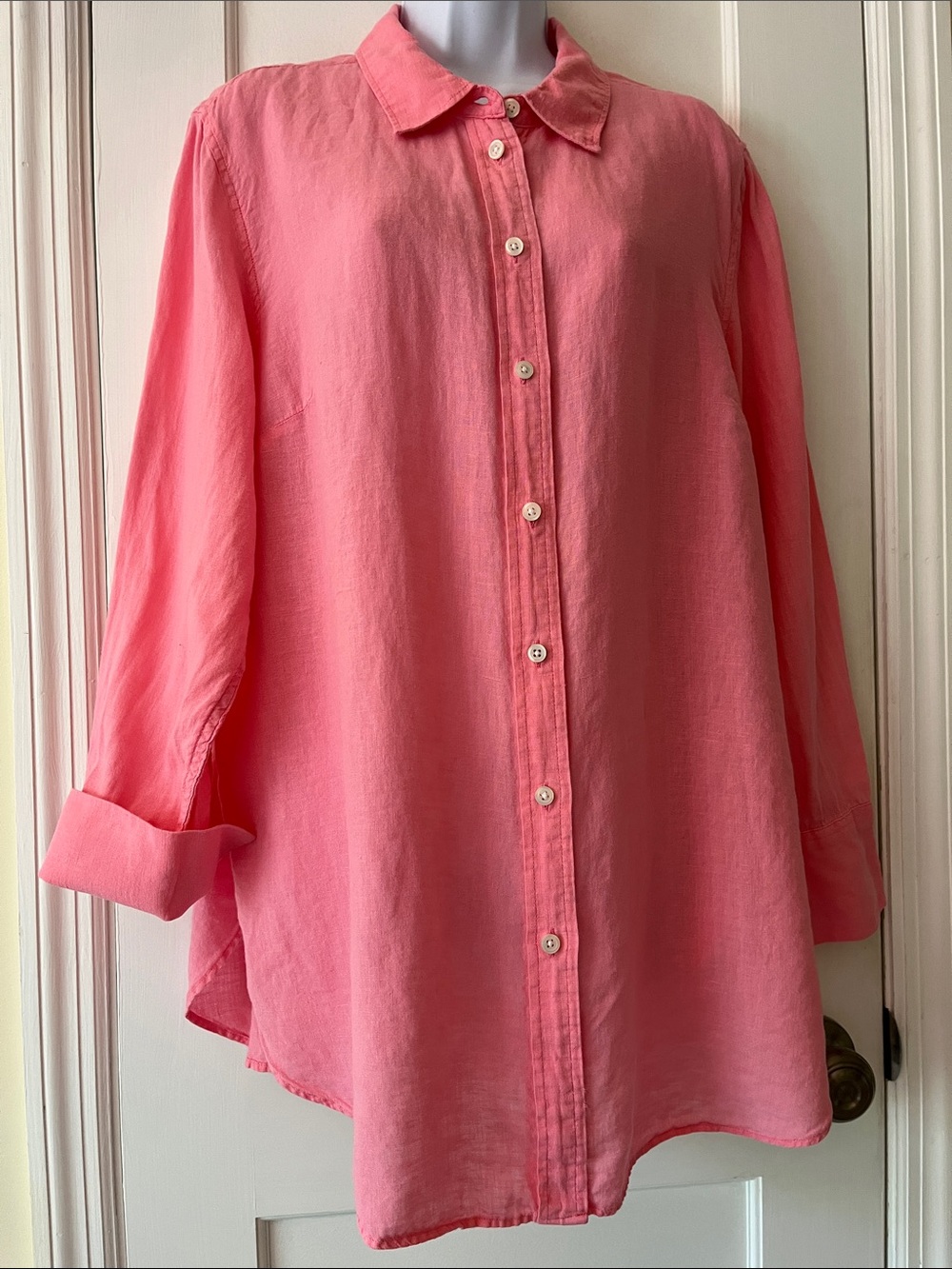 Talbots Linen Button Front Shirt Long Tunic Women's XL Coral Pink Lagenlook Boho